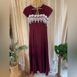 Vintage 1980s Burgundy Evening Gown with Lace and Bow Detail